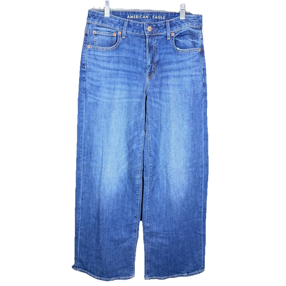 American Eagle‎ Low Rise Baggy Wide Leg Jeans Womens 2 Blue Raw Hem